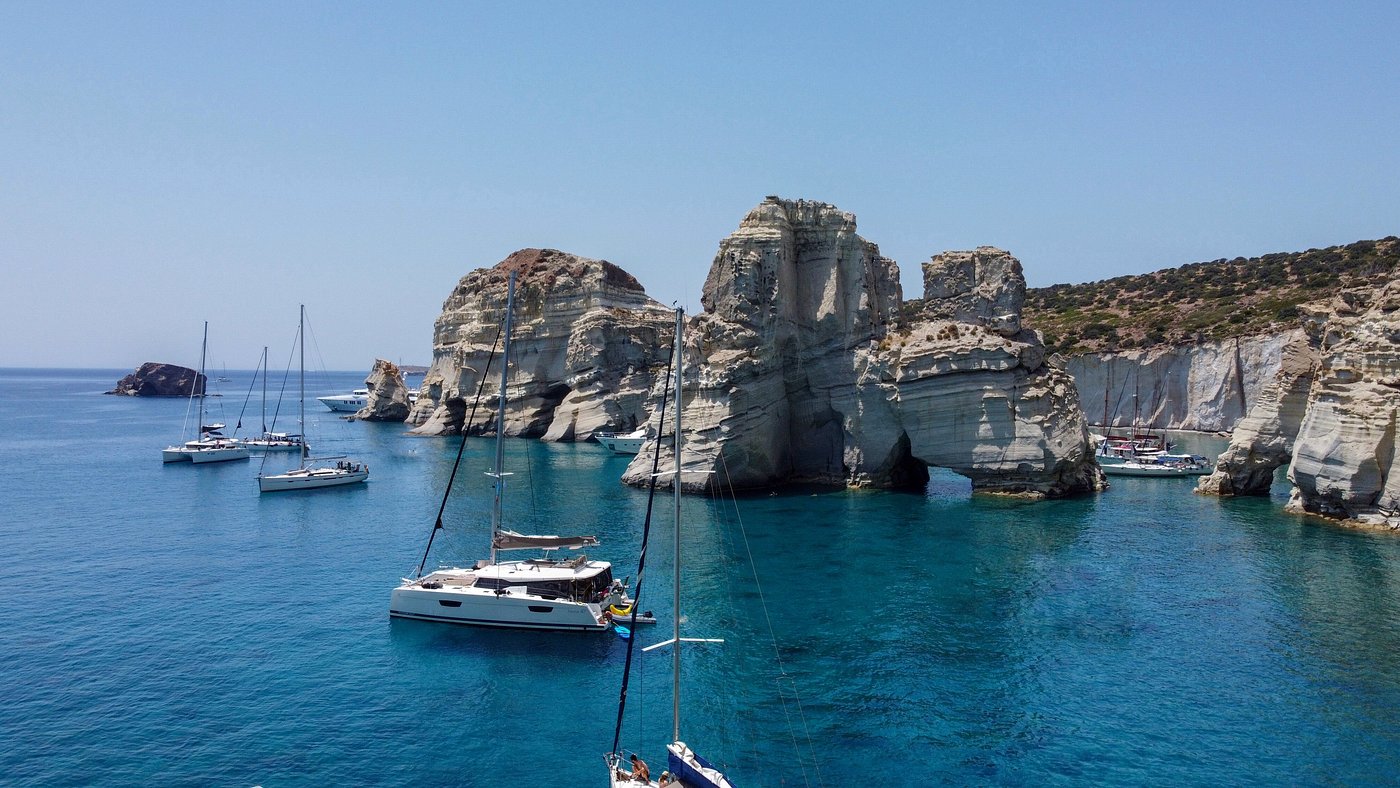 Sailing boats moored among the rock formations at Kleftiko, Milos
