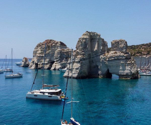 Sailing boats moored among the rock formations at Kleftiko, Milos